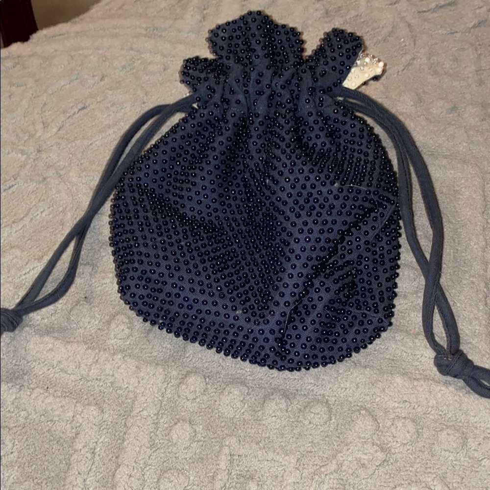 Elegant Navy Beaded Drawstring Bag